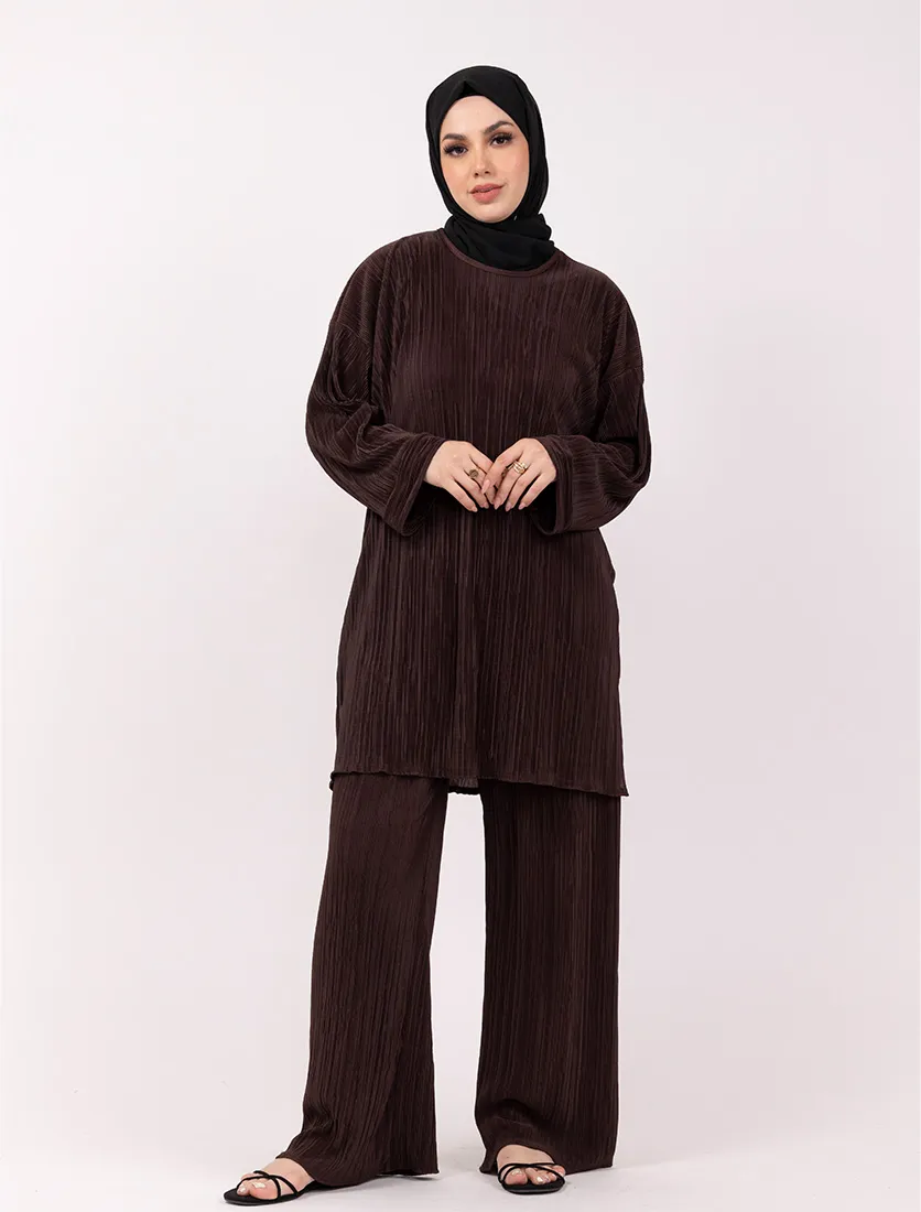 Brown Midi Plisse Co Ord